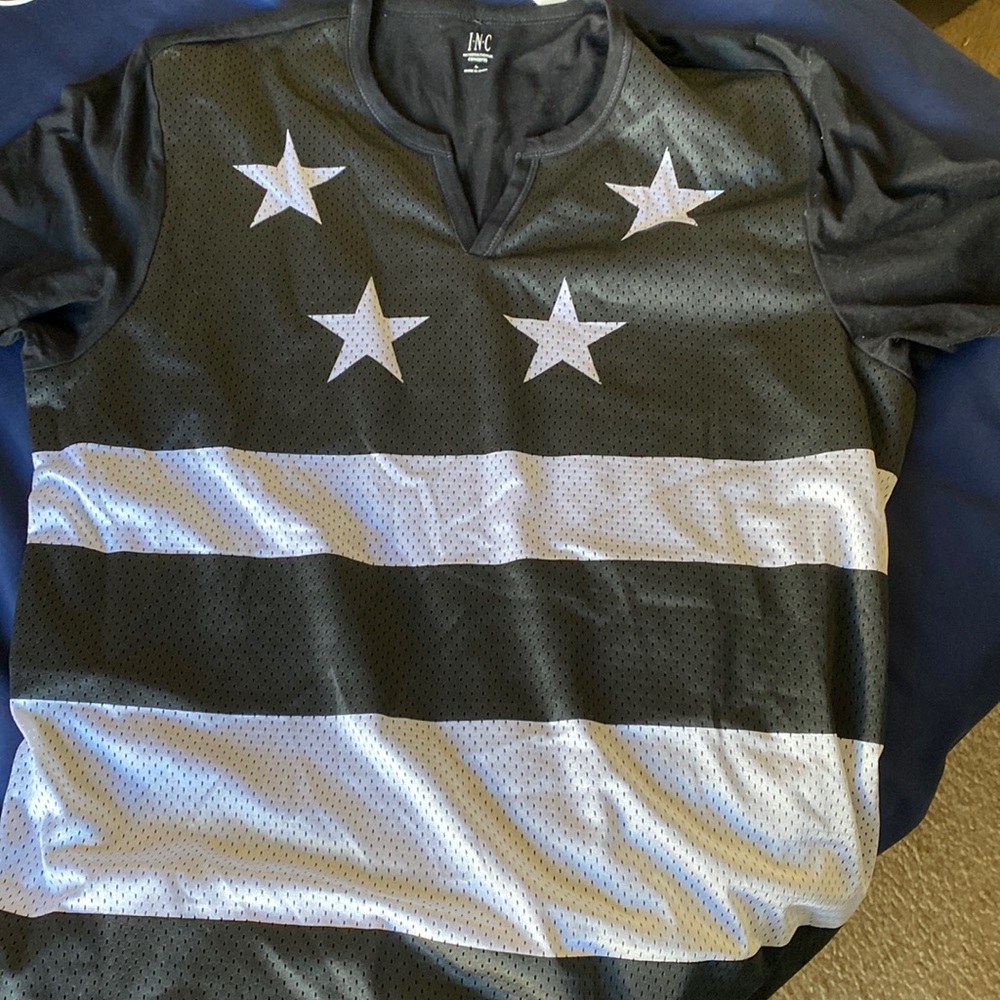 A black and white large V-neck t shirt
